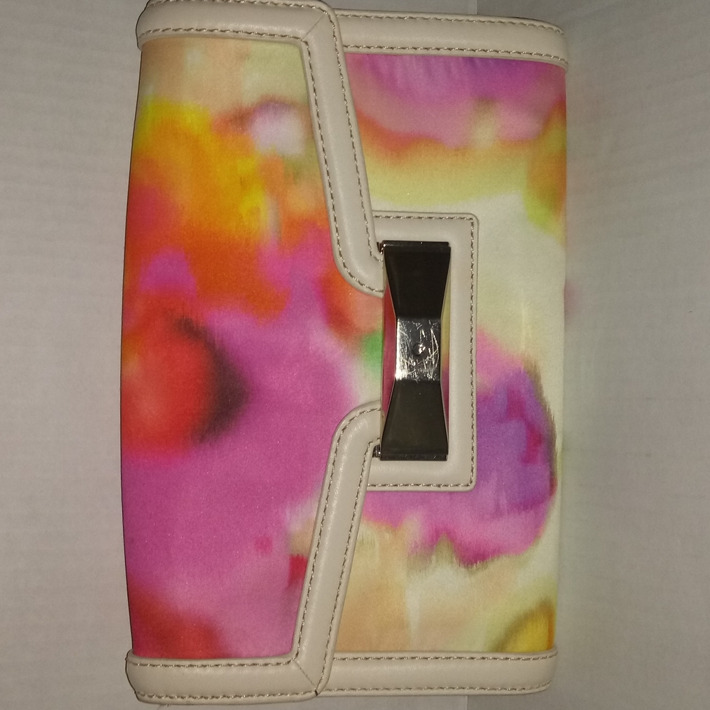KATE SPADE MULTI COLOR SATIN CLUTCH WITH LEATHER TRIM